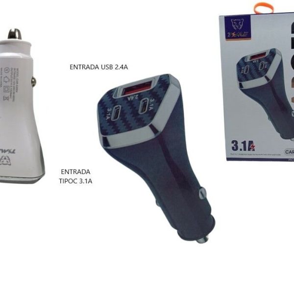 CARGADOR PARA AUTO TIME 12V 3.1A - 2 USB C + 1 USB NEGRO (CAR-53004)