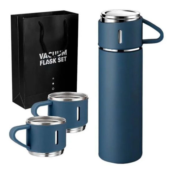 TERMO Y 3 TAZAS METALICAS 500ML VACUUM AZUL