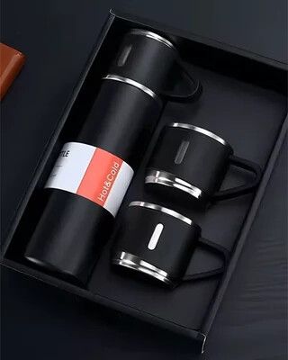 TERMO Y 3 TAZAS METALICAS 500ML VACUUM NEGRO