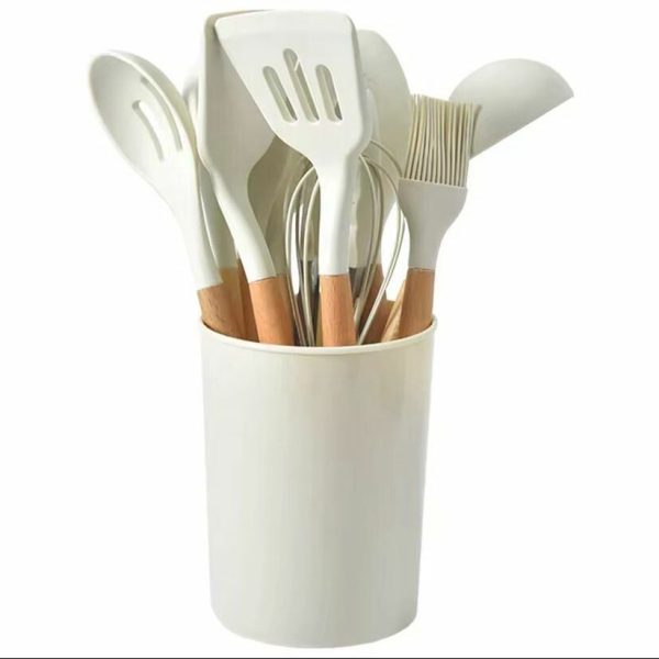 SET DE UTENSILLOS DE COCINA DE SILICONA Y MANGO DE MADERA COLOR BLANCO