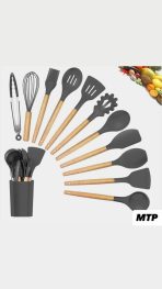 SET DE UTENSILLOS DE COCINA DE SILICONA Y MANGO DE MADERA COLOR GRIS