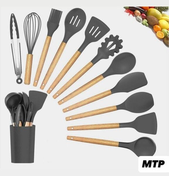 SET DE UTENSILLOS DE COCINA DE SILICONA Y MANGO DE MADERA COLOR GRIS