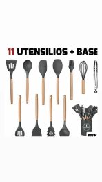 SET DE UTENSILLOS DE COCINA DE SILICONA Y MANGO DE MADERA COLOR GRIS - Imagen 2