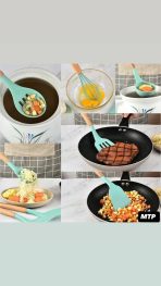 SET DE UTENSILLOS DE COCINA DE SILICONA Y MANGO DE MADERA COLOR GRIS - Imagen 3