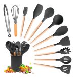 SET DE UTENSILLOS DE COCINA DE SILICONA Y MANGO DE MADERA COLOR NEGRO