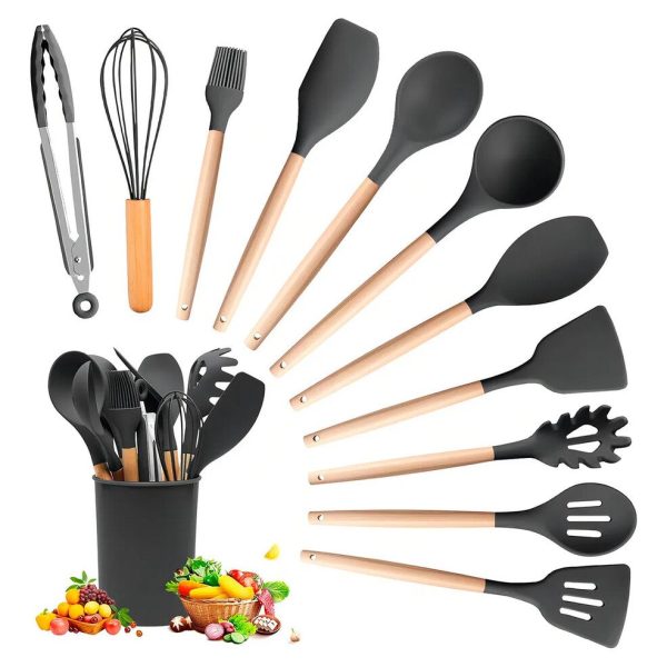 SET DE UTENSILLOS DE COCINA DE SILICONA Y MANGO DE MADERA COLOR NEGRO