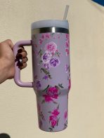 VASO TERMICO CON SORBETE DISEÑO FLORES LILA
