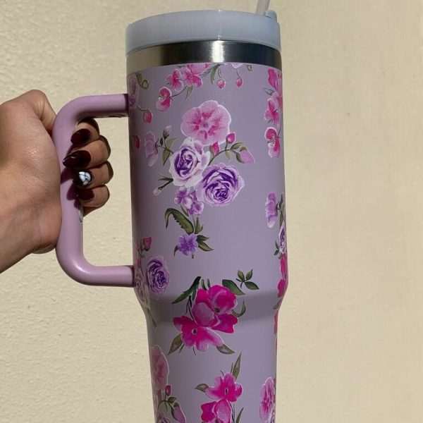VASO TERMICO CON SORBETE DISEÑO FLORES LILA