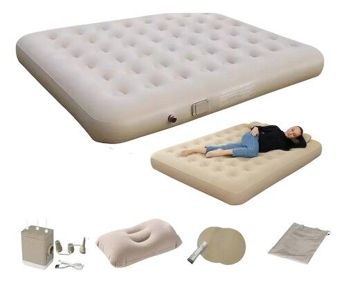 COLCHON INFLABLE + INFLADOR AUTOMATICO COLOR BEIGE ICO-160914 198X150X25 CM