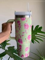 VASO TERMICO CON SORBETE DISEÑO VERDE CON ROSAS