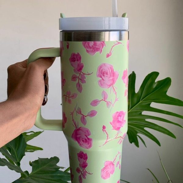 VASO TERMICO CON SORBETE DISEÑO VERDE CON ROSAS