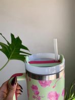 VASO TERMICO CON SORBETE DISEÑO VERDE CON ROSAS - Imagen 2
