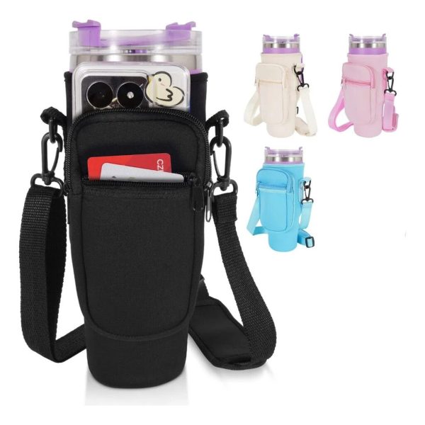 PORTA BOTELLA TERMICA CON CORREA Y BOLSILLO NEGRA PTB