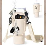 PORTA BOTELLA TERMICA CON CORREA Y BOLSILLO BEIGE PTB