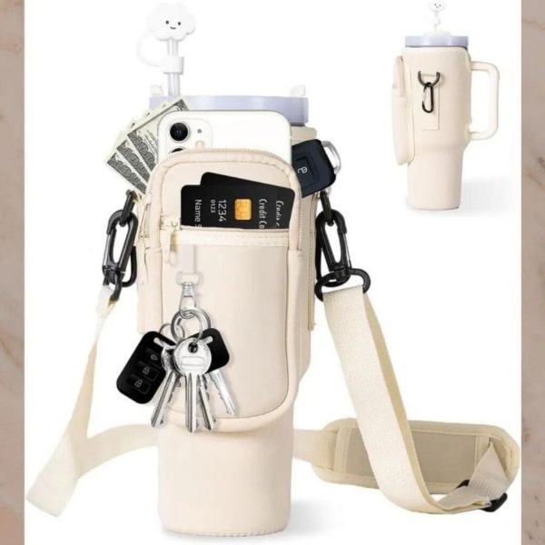 PORTA BOTELLA TERMICA CON CORREA Y BOLSILLO BEIGE PTB