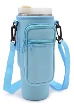 PORTA BOTELLA TERMICA CON CORREA Y BOLSILLO CELESTE PTB