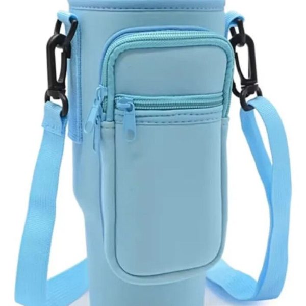 PORTA BOTELLA TERMICA CON CORREA Y BOLSILLO CELESTE PTB