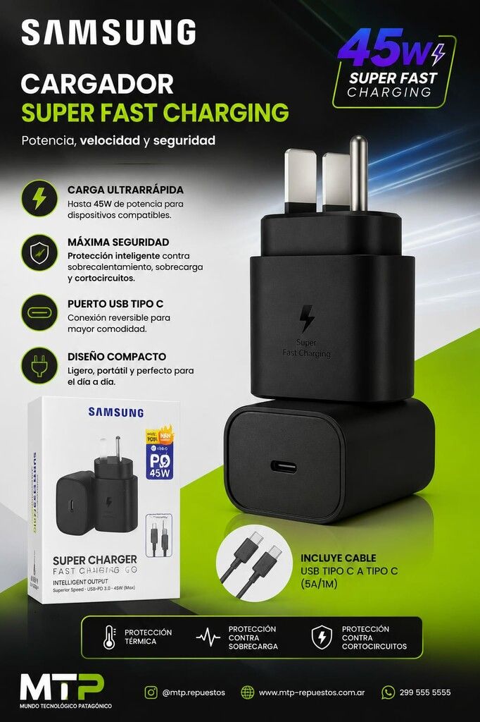 CARGADOR SAMSUNG 45W + CABLE C A C CAJA BLANCA Y AZUL CARS45W CARGADOR SAMSUNG 45W + CABLE C A C CAJA BLANCA Y AZUL CARS45W - Imagen 1