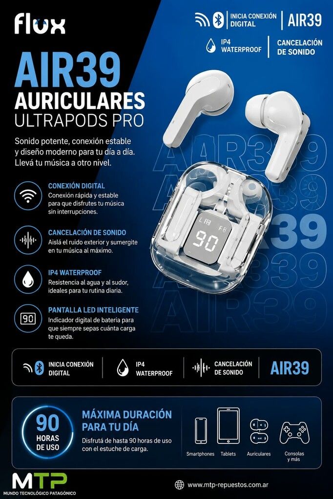 AURICLULAR BLUETOOTH AIR 39 FLUX AIR39 BLANCO AURICLULAR BLUETOOTH AIR 39 FLUX AIR39 BLANCO - Imagen 1