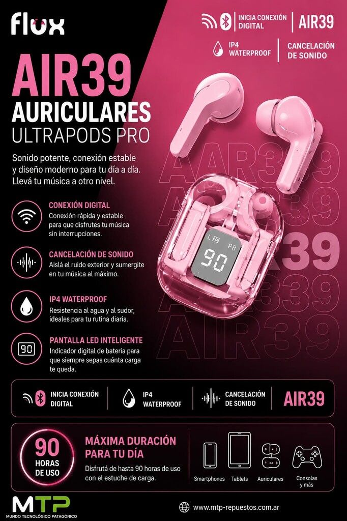 AURICLULAR BLUETOOTH AIR 39 FLUX AIR39 ROSA AURICLULAR BLUETOOTH AIR 39 FLUX AIR39 ROSA - Imagen 1