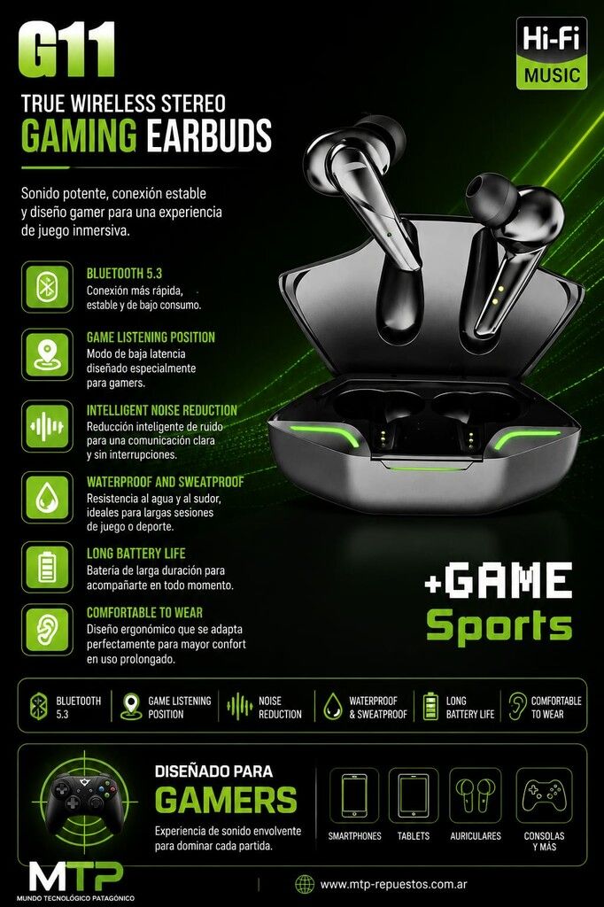 AURICULAR BLUETOOTH GAMER G11 NEGRO AURICULAR BLUETOOTH GAMER G11 NEGRO - Imagen 1