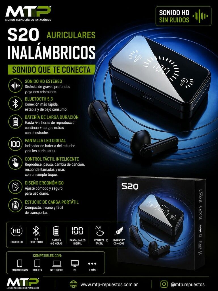 AURICULAR BLUETOOTH S20 S20 NEGRO AURICULAR BLUETOOTH S20 S20 NEGRO - Imagen 1