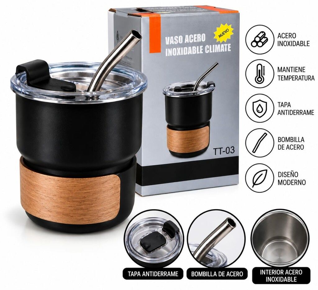 VASO TERMICO C/BOMBILLA 200ML TT03 NEGRO VASO TERMICO C/BOMBILLA 200ML TT03 NEGRO - Imagen 1