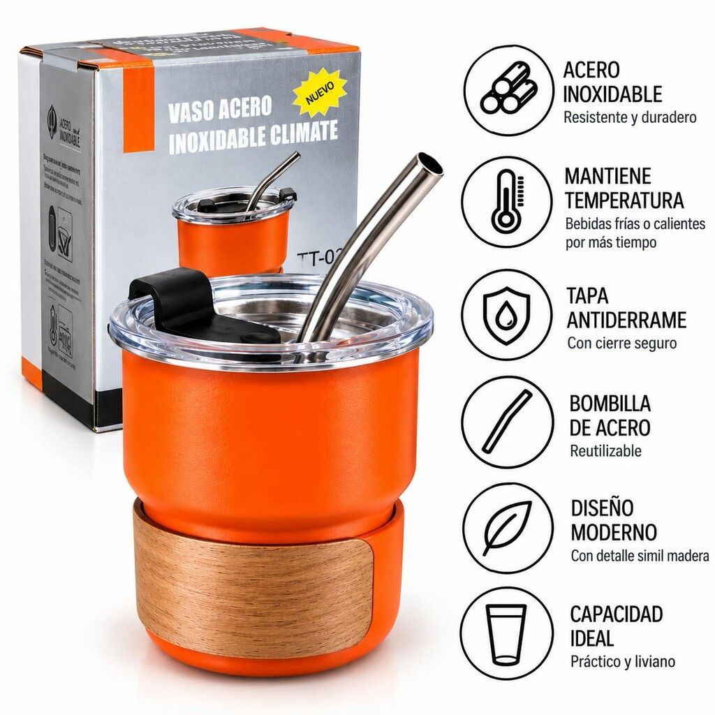 VASO TERMICO C/BOMBILLA 200ML TT03 NARANJA VASO TERMICO C/BOMBILLA 200ML TT03 NARANJA - Imagen 1