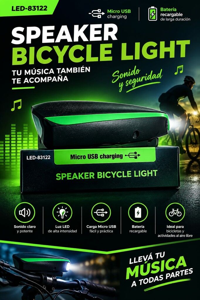 LUZ RECARGABLE DE BICI CON BOCINA 7588 LED-83122 (VERDE Y NEGRA ) LUZ RECARGABLE DE BICI CON BOCINA 7588 LED-83122 (VERDE Y NEGRA ) - Imagen 1